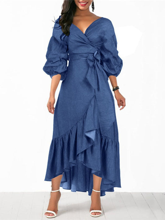 V Neck Bohemian Ruffled Belted Dress