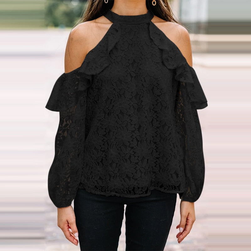 Off Shoulder Lace Puff Sleeve Blouse