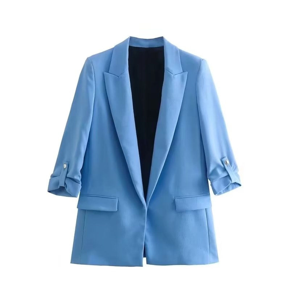 Chic Solid Color Rollable Sleeve Retro Blazer