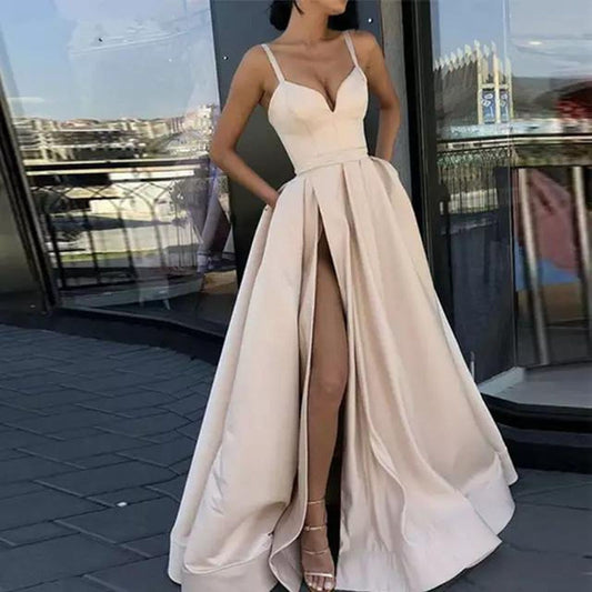 High Waist Corset V Neck Side Slit Long Maxi Dress