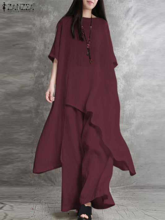 O-Neck Half Sleeve Irregular Hem Blouse And Wide Leg Pant Suits