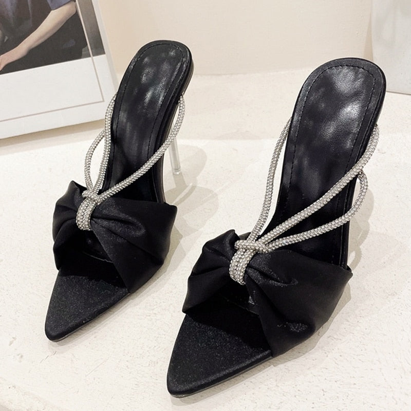 Silk Crystal High Heels Slipper Pointed Toe Strappy Slide Heel Shoes