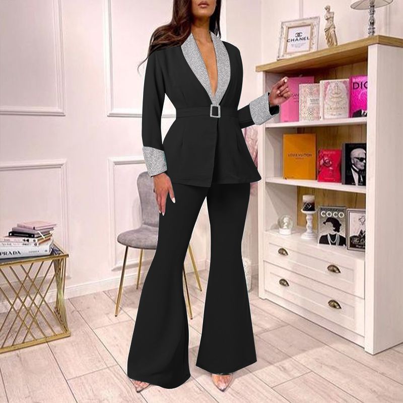 Long Sleeve Blazer And Flare Leg With Belt Palazzo Pants Suit