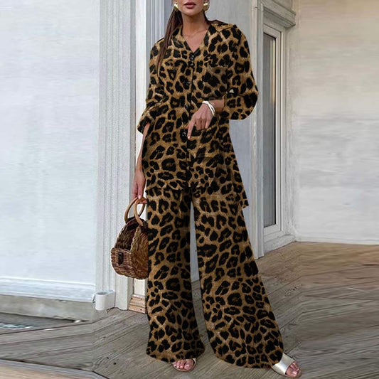 Leopard Print Wide Leg Pant & Loose Top Two Piece Set