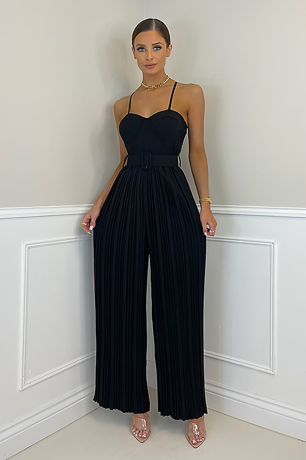 Casual Suspender Sleeveless Pleated Wide Leg Jumpsuit