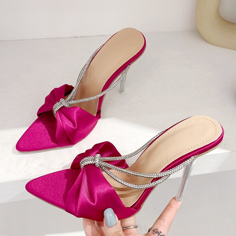Silk Crystal High Heels Slipper Pointed Toe Strappy Slide Heel Shoes
