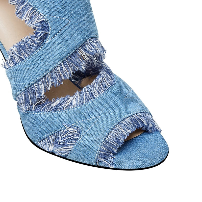 Denim Jeans Peep Toe Zip Up Cut-out Heeled Sandals With Fringe Tassels