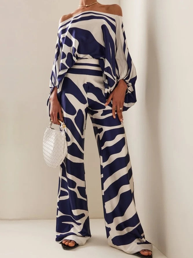 One Shoulder Three Quarter Lantern Sleeve Slash Neck Tops & Wide Leg Pants Sets