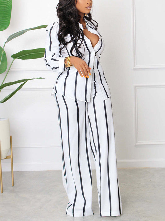 Two Piece Striped Shirt Long Sleeve Tie Up Blouse And Loose Pants Set