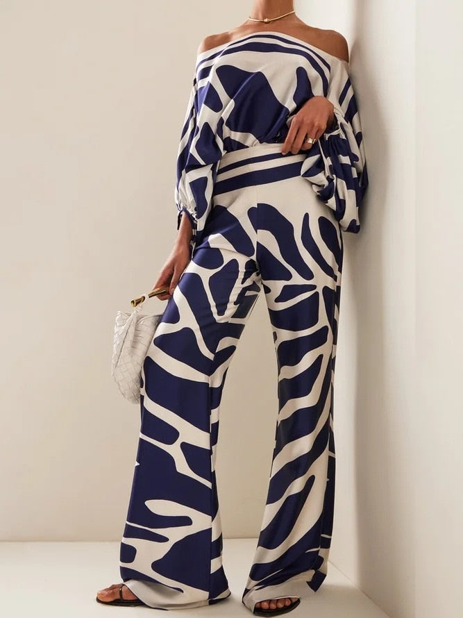 One Shoulder Three Quarter Lantern Sleeve Slash Neck Tops & Wide Leg Pants Sets