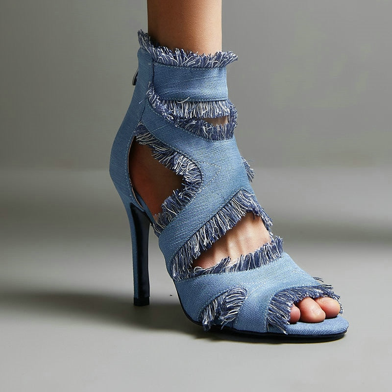 Denim Jeans Peep Toe Zip Up Cut-out Heeled Sandals With Fringe Tassels