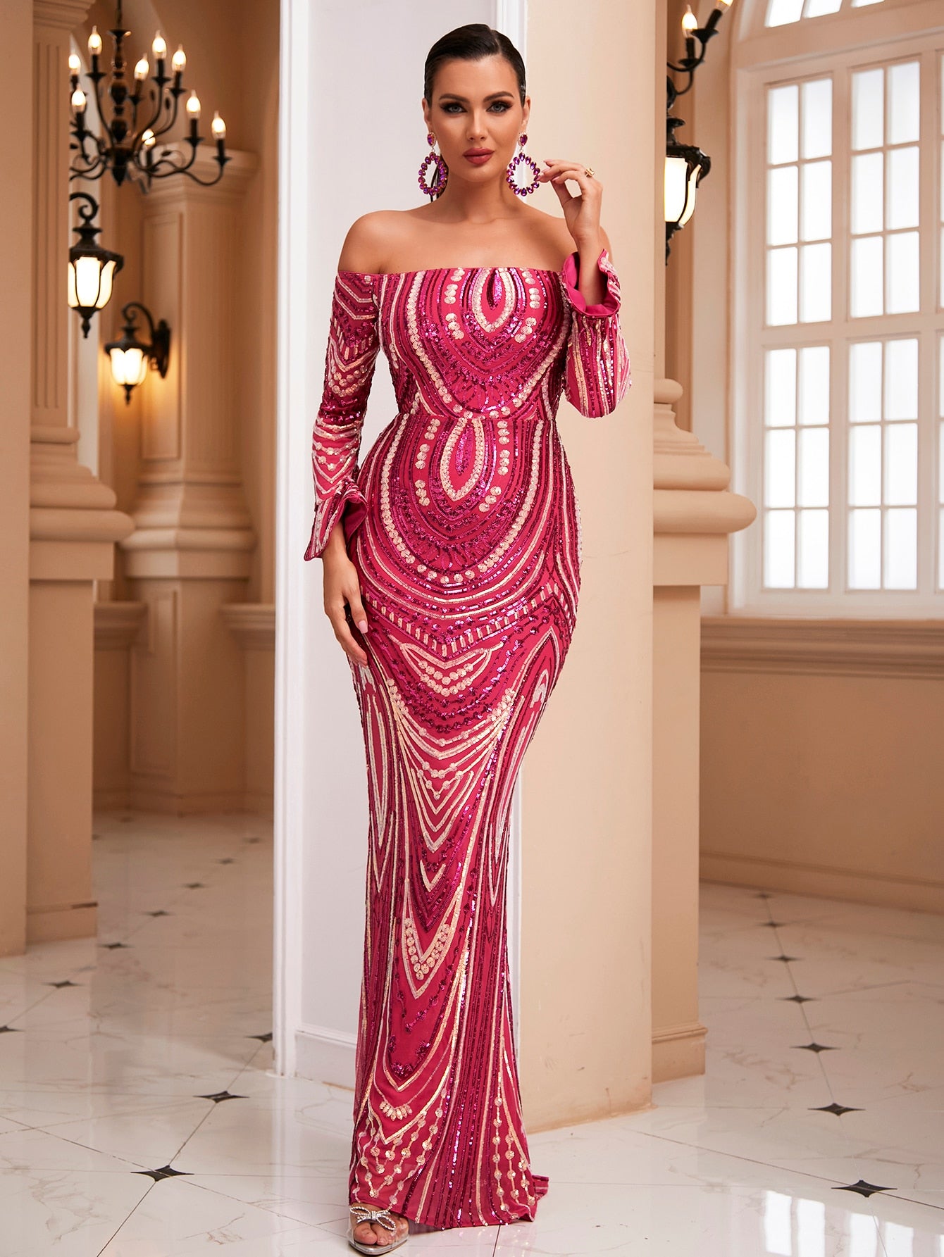 Off-Shoulder Long Sleeve Belted Waist Geometric Sequined Fishtail Dress