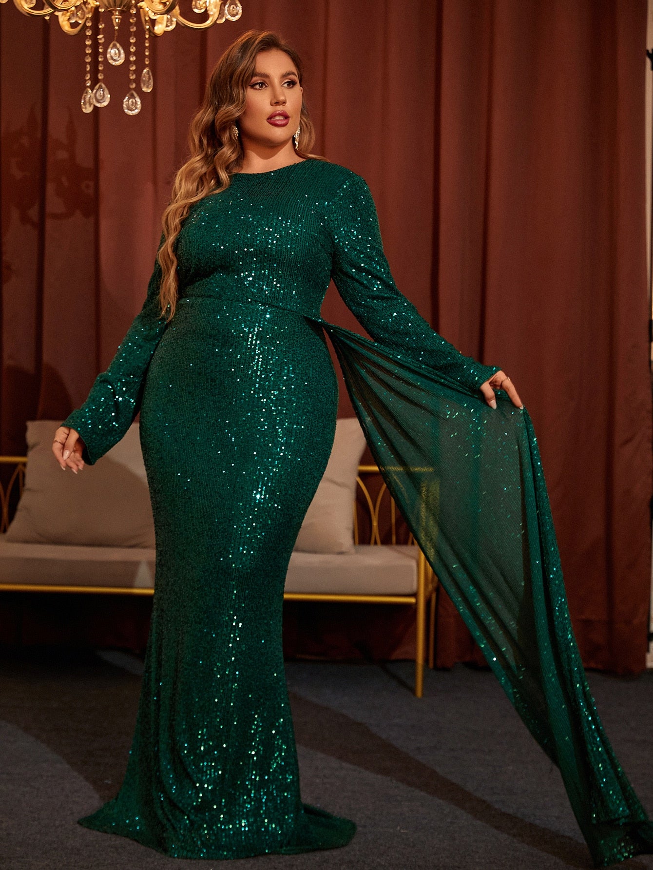 Round Neck Open Back Long Sleeve Tunic Sequins Maxi Dress