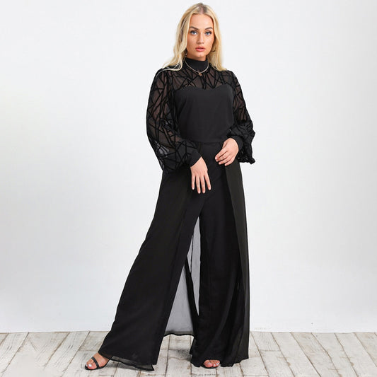 High Waist Mesh Yoke Wide Leg Black Lantern Sleeve  Jumpsuit