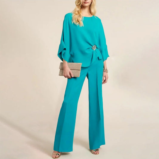 Autumn O Neck Elegant Flare Sleeve Blouse and Wide Leg Pants Set