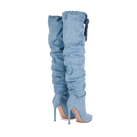 Denim Pleated Long Thin High Heel Pointed Toe Boots