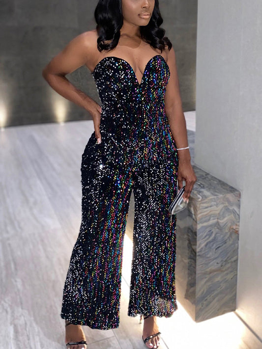 Off Shoulder V Neck Sequined Jumpsuit