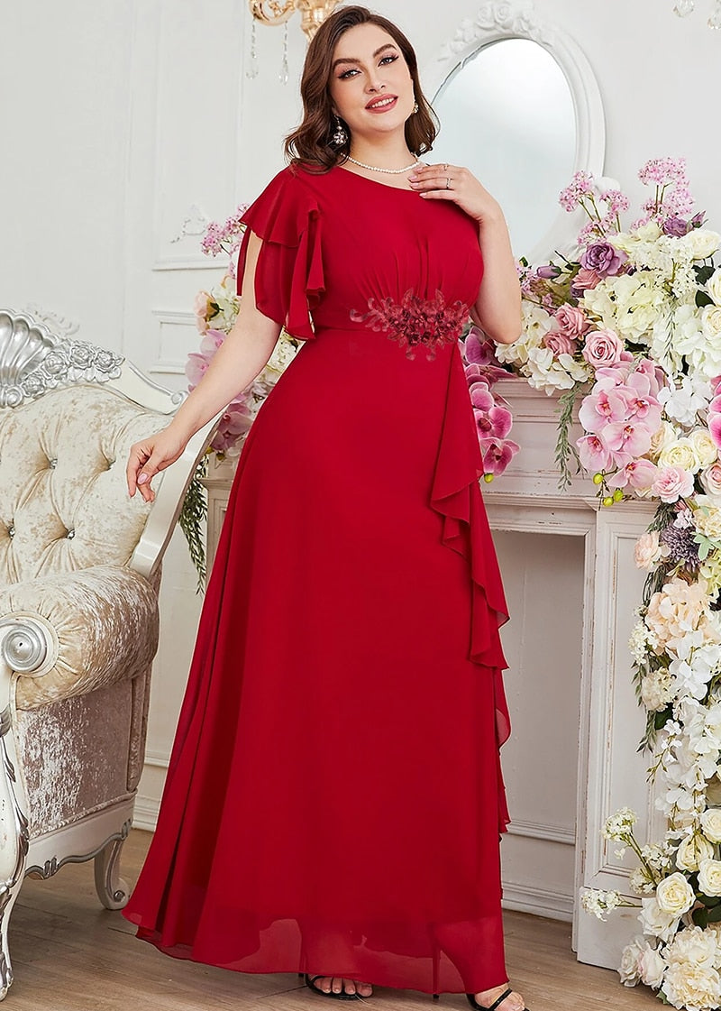 Ruffle Applique Crew Neck Maxi Dress