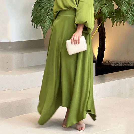 Two Piece Casual Satin Lantern Sleeve V Neck Top Skirt Set