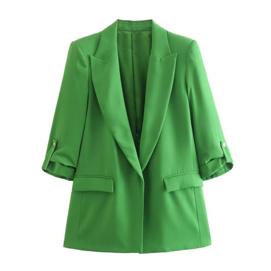 Chic Solid Color Rollable Sleeve Retro Blazer