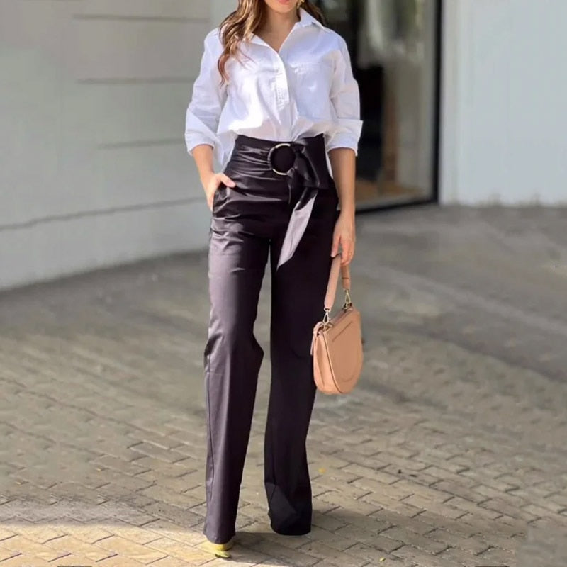 Two Piece Casual Lapel Long Sleeve Solid With Pockets Blouse & Loose Bow Pants Set