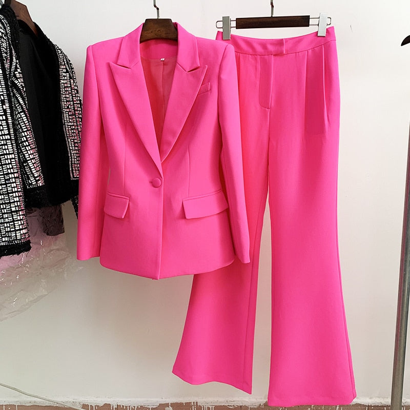 Single Button Blazer Flare Pants Suit Two-piece Hot Pink