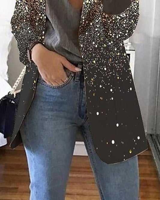 Design Glitter Collar Print Long Sleeve Blazer