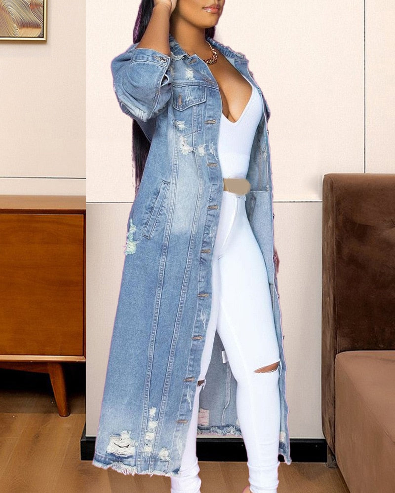 Ripped Long-sleeved Denim Trench Coat