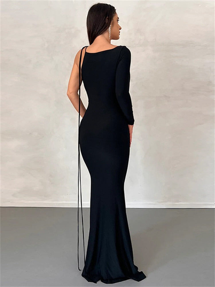 Lace Up One Shoulder Long Sleeve V-Neck Bodycon Maxi Dress