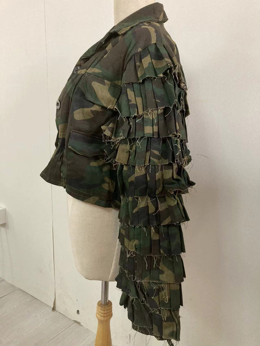 Camouflage Cascading Ruffles Flare Sleeve Button Up Jacket