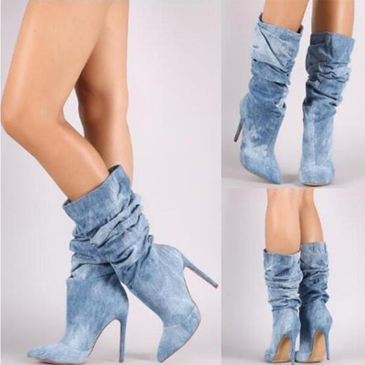 Mid Calf Pleated Pointed Toe Thin High Heel Boots