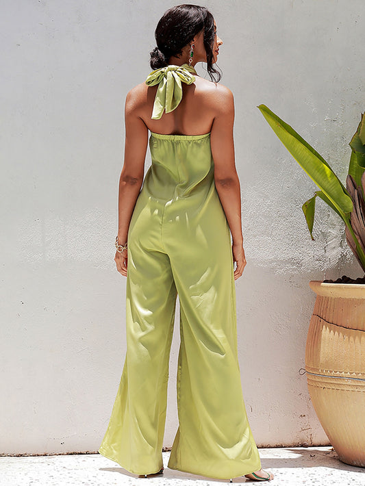 Tube Top Changeable Long Belt A-Line Loose Satin Jumpsuit