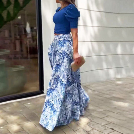 One Shoulder 2 Piece Casual Ruffles Sleeve Top & Print Wide Leg Pants Sets