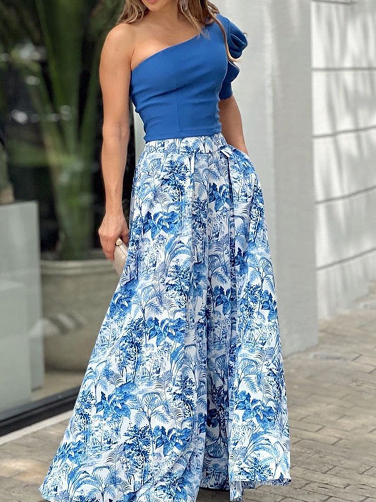 One Shoulder 2 Piece Casual Ruffles Sleeve Top & Print Wide Leg Pants Sets