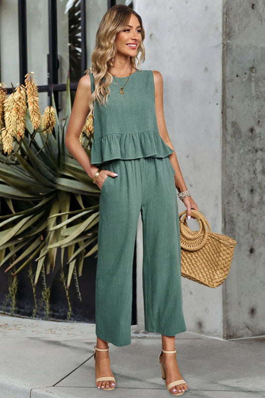 Button Ruffle Hem Tank and Pants Set