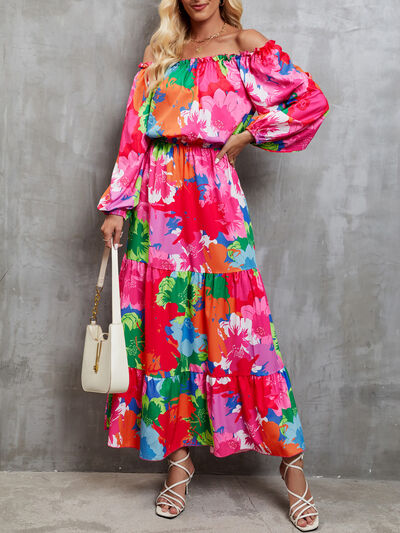 Printed Off-Shoulder Balloon Sleeve Tiered Dress