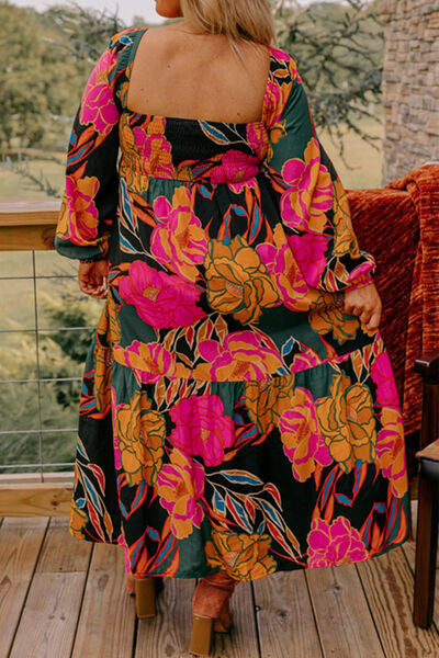 Printed Square Neck Balloon Sleeve Dress