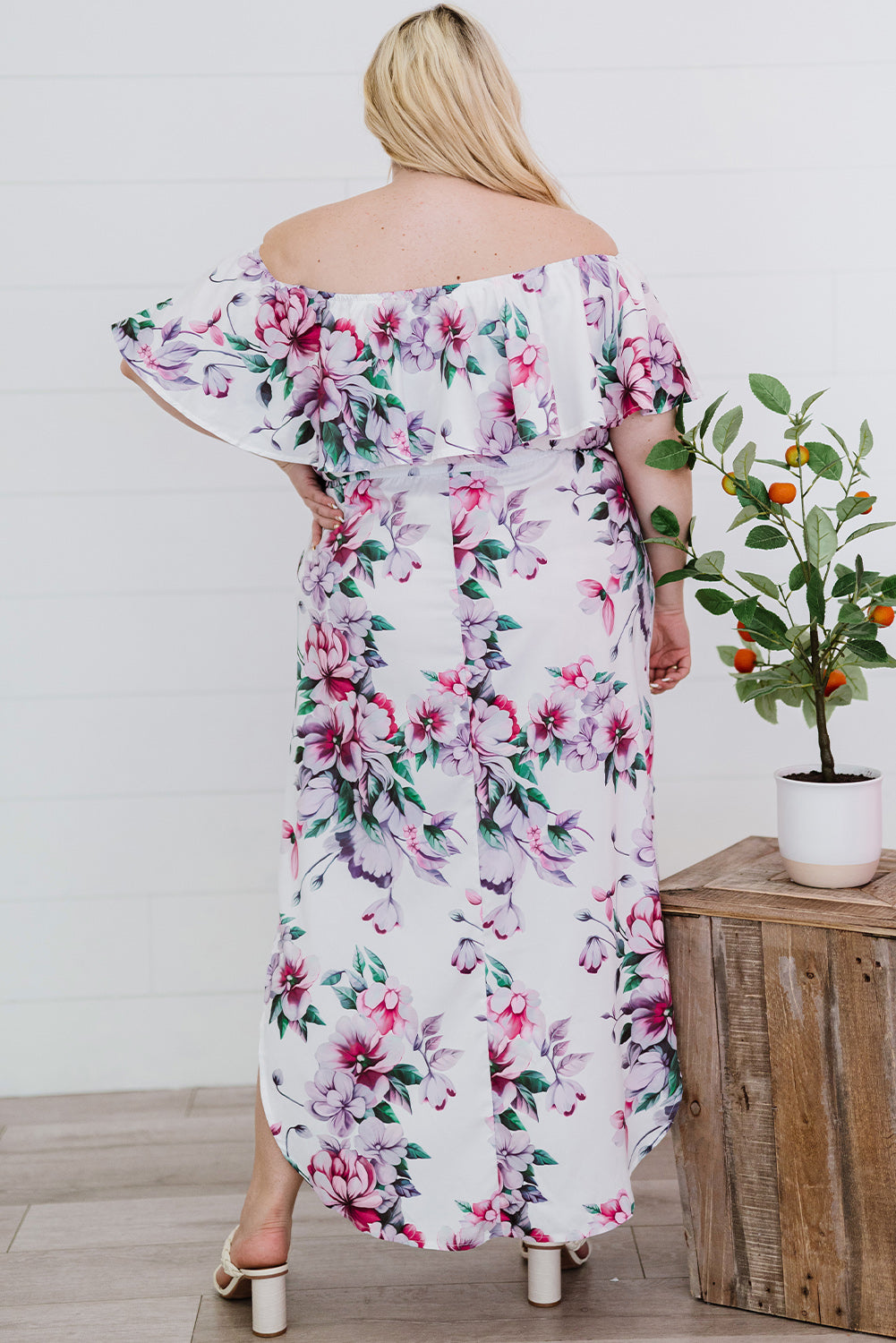 Floral Off-Shoulder Side Slit Layered Dress