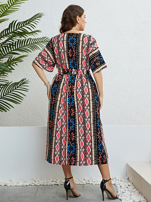 Bohemian V-Neck Tie Belt Midi Dress