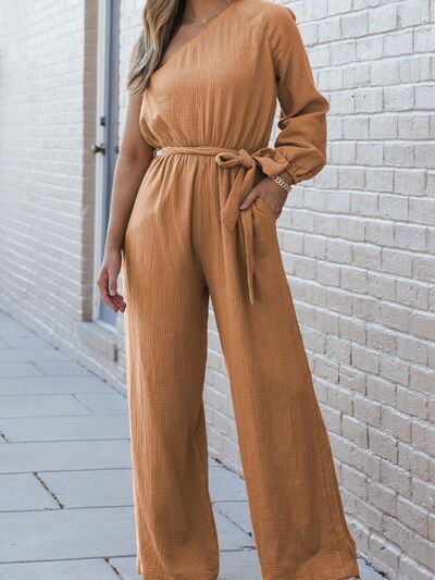 Single Shoulder Tie-Waist Jumpsuit