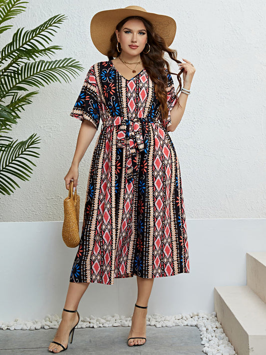 Bohemian V-Neck Tie Belt Midi Dress