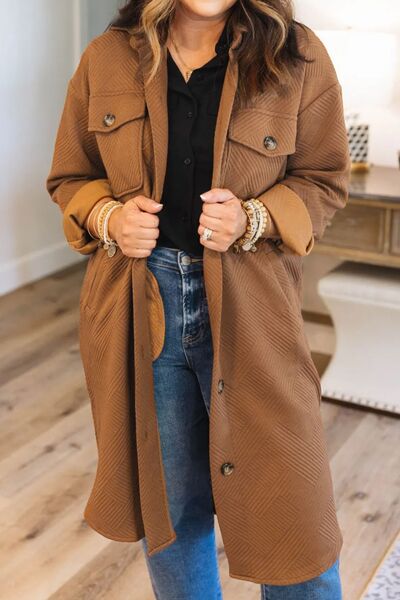 Texture Button Up Collared Neck Longline Jacket