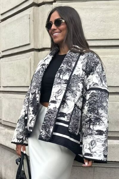 Printed Long Sleeve Winter Coat with Pockets