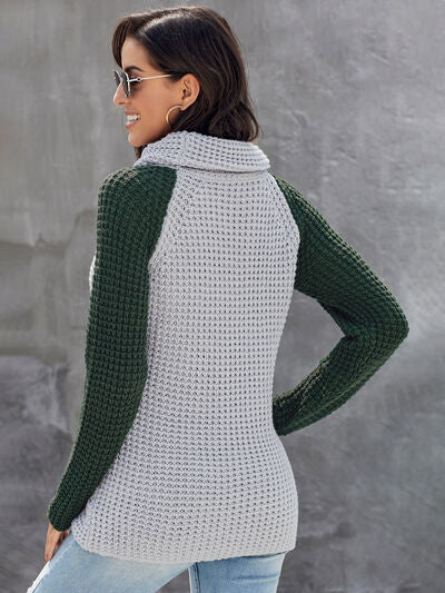 Contrast Decorative Button Turtleneck Sweater