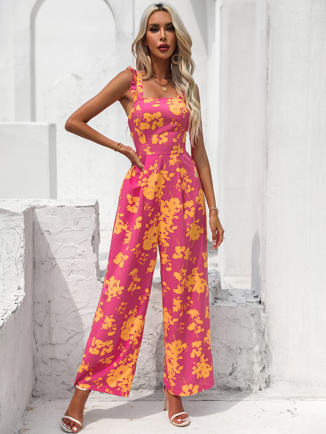 Floral Square Neck Cutout Tie Back Jumpsuit