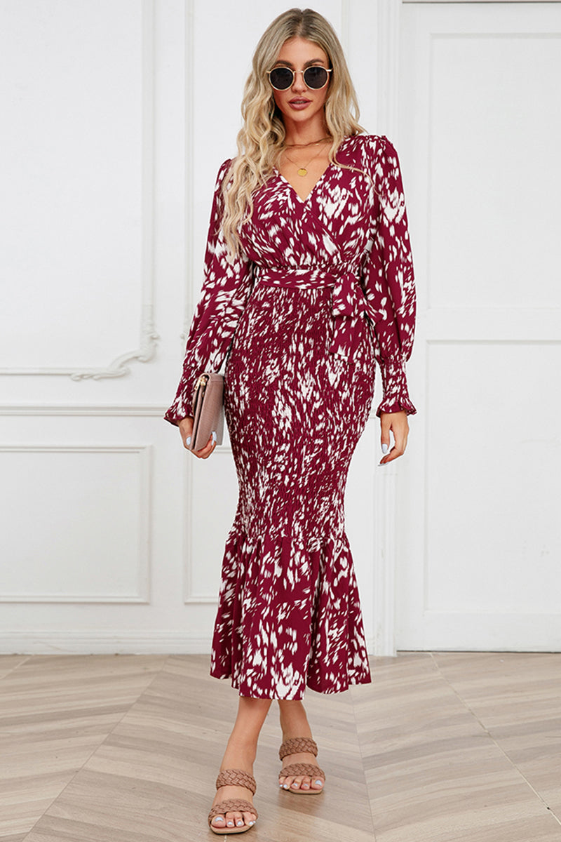 Printed V-Neck Smocked Midi Dress