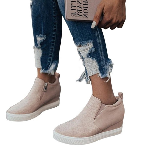 Leather Wedges Slip On Shallow Sneaker Mid Heel Loafers
