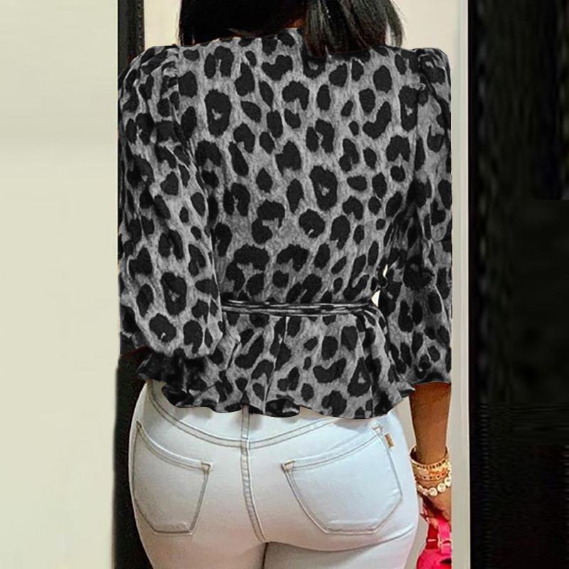 Stylish Deep V-Neck Leopard Print Belted Tunic Blouse