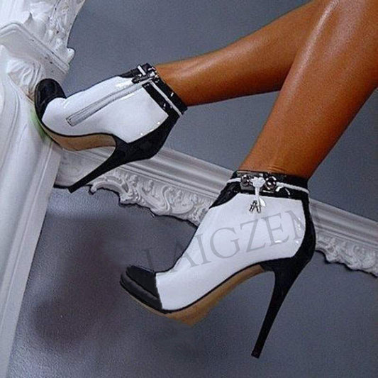 Side Zip Black White Heeled Ankle Boots