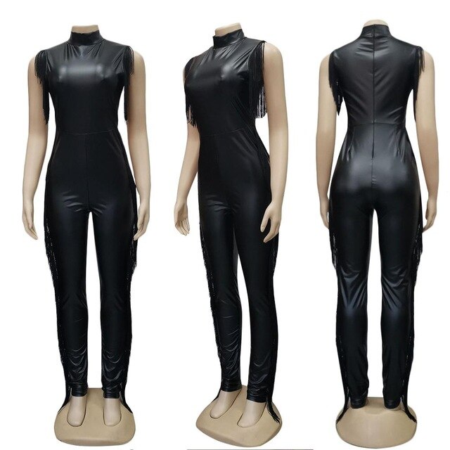 Black &  Gold Tassel PU Leather Sleeveless Overalls Jumpsuit/US